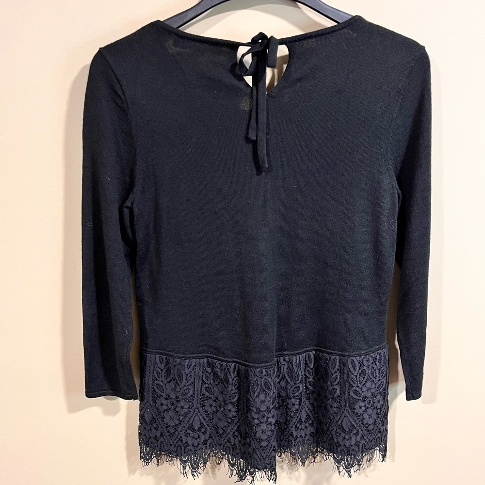 Ann Taylor LOFT 3/4 Sleeve Black Lace Hem Tie Neck Sweater Small Whimsigoth Goth - Picture 2 of 7